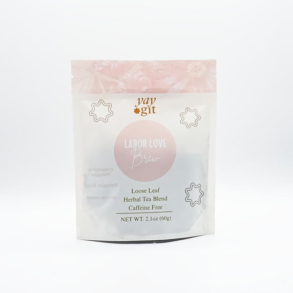Raspberry leaf tea package with "Labor Love Brew" on the front